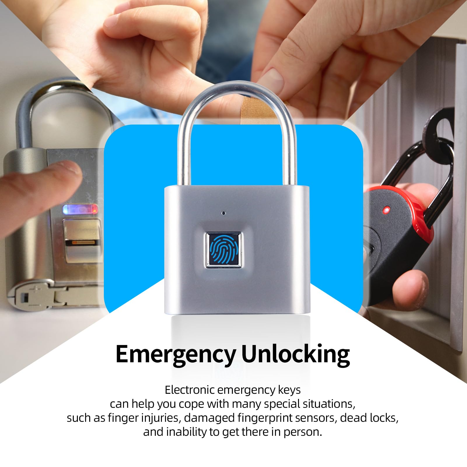 Candado portátil de carga USB con llave de emergencia, candado inteligente, desbloqueo rápido, impermeable y resistente al óxido, candado para almacenes, gimnasio, escuelas, hogares, armarios