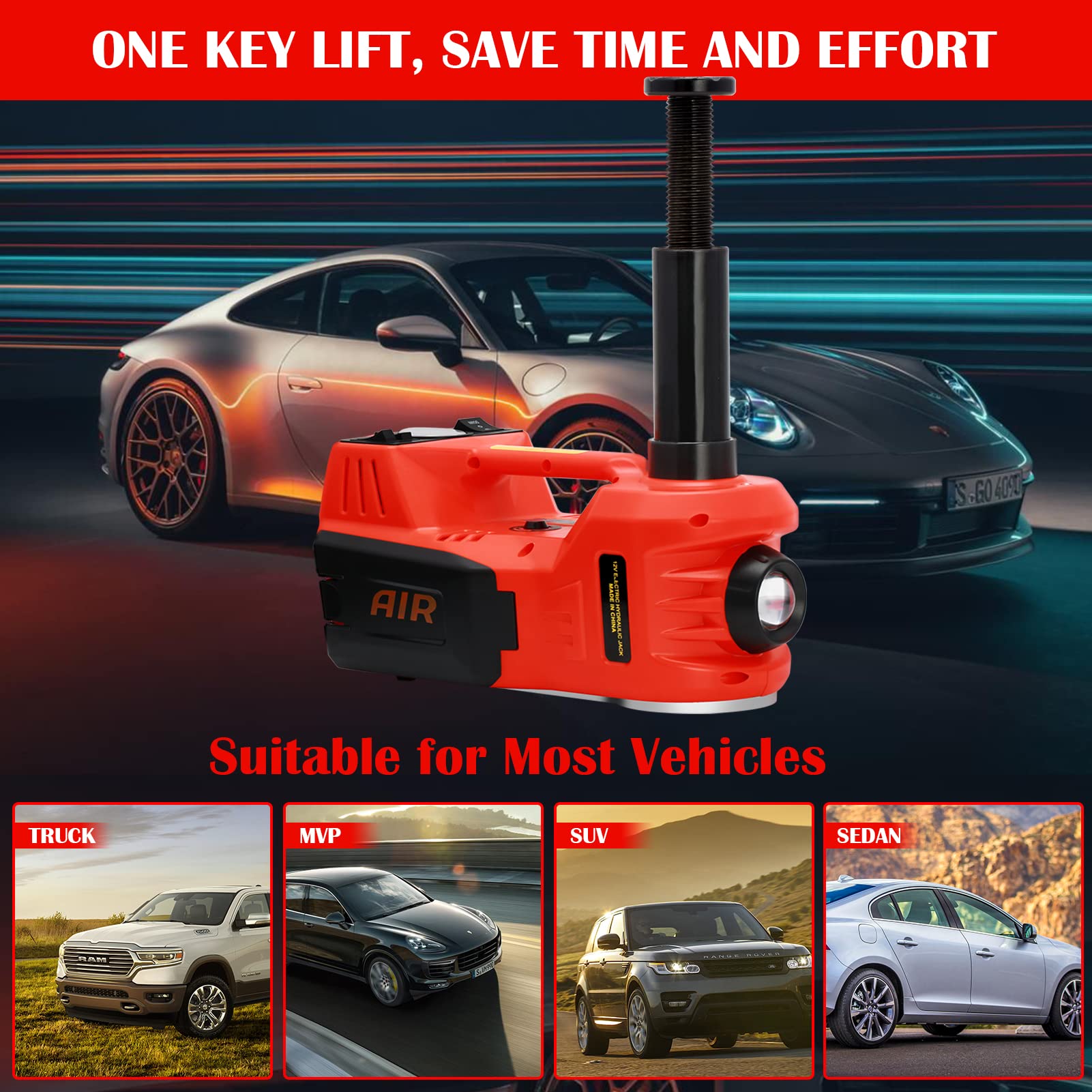 Mejorado Juego de Gato Hidráulico Eléctrico, 5T 12 V Gato Elevador Eléctrico, Juego de Gato Hidráulico, Cambio de Neumáticos, Llave de Impacto para SUV, Furgoneta, Garaje, Llave de Impacto