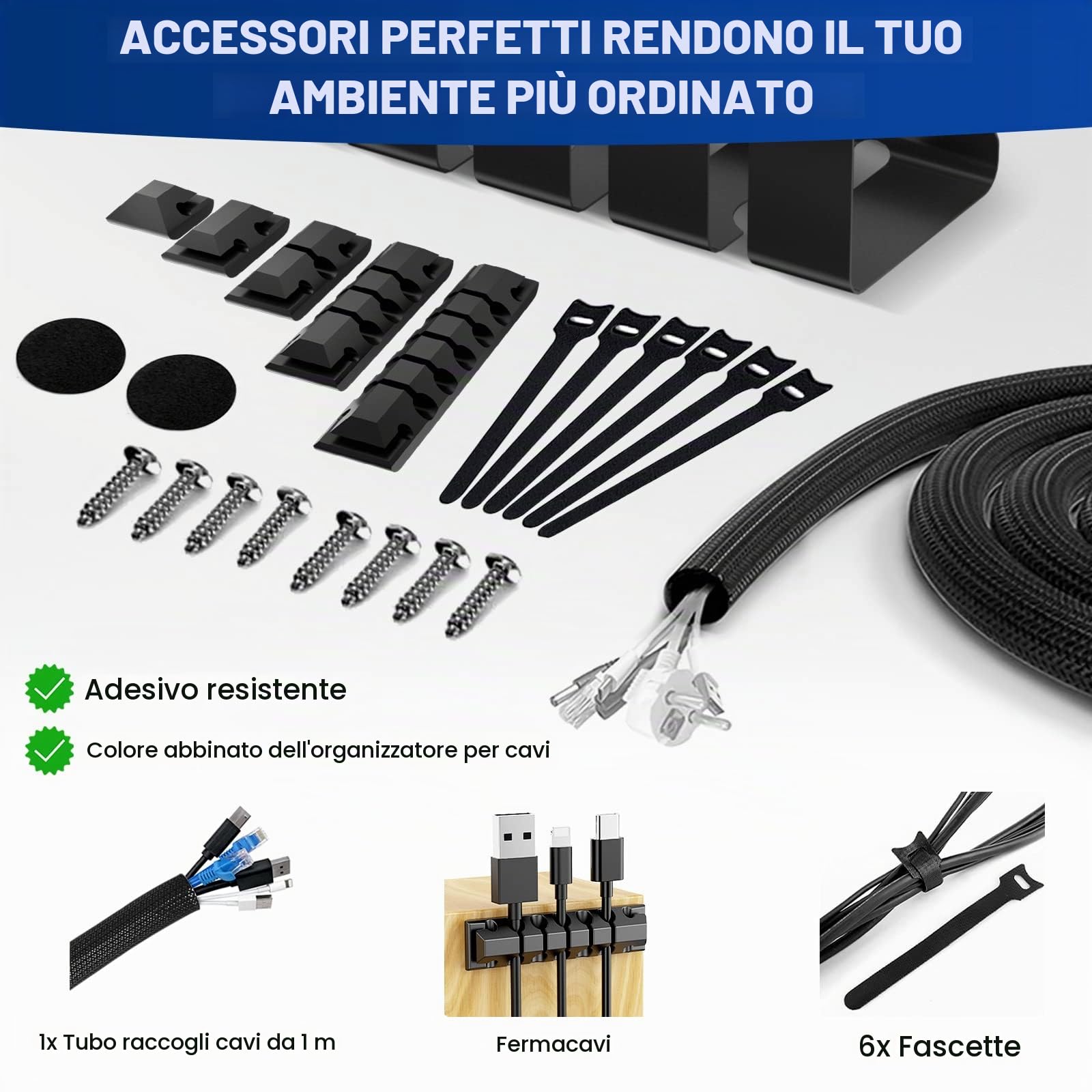 Lannvan Raccogli Cavi Scrivania - Set da 2 Portacavi Sotto Scrivania - Nascondi Cavi Scrivania per la Gestione di Cavi e Prese - 40cm Canalina Passacavi - No Fori da Trapano - Nero
