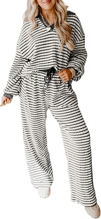 KevaMolly Womens Lounge Sets Collared Pullover Top and Drawstring Pant Set Casual Colorblock Striped Two Piece Sets