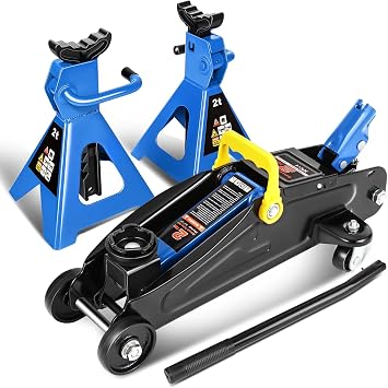 PM PERFORMOTOR Low Profile Hydraulic Trolley Service/Floor Jack Combo with 2 Ratchet Jack Stands, 2 Ton 4000 lbs Capacity, Blue, PM-TOL-FJ3P-BL