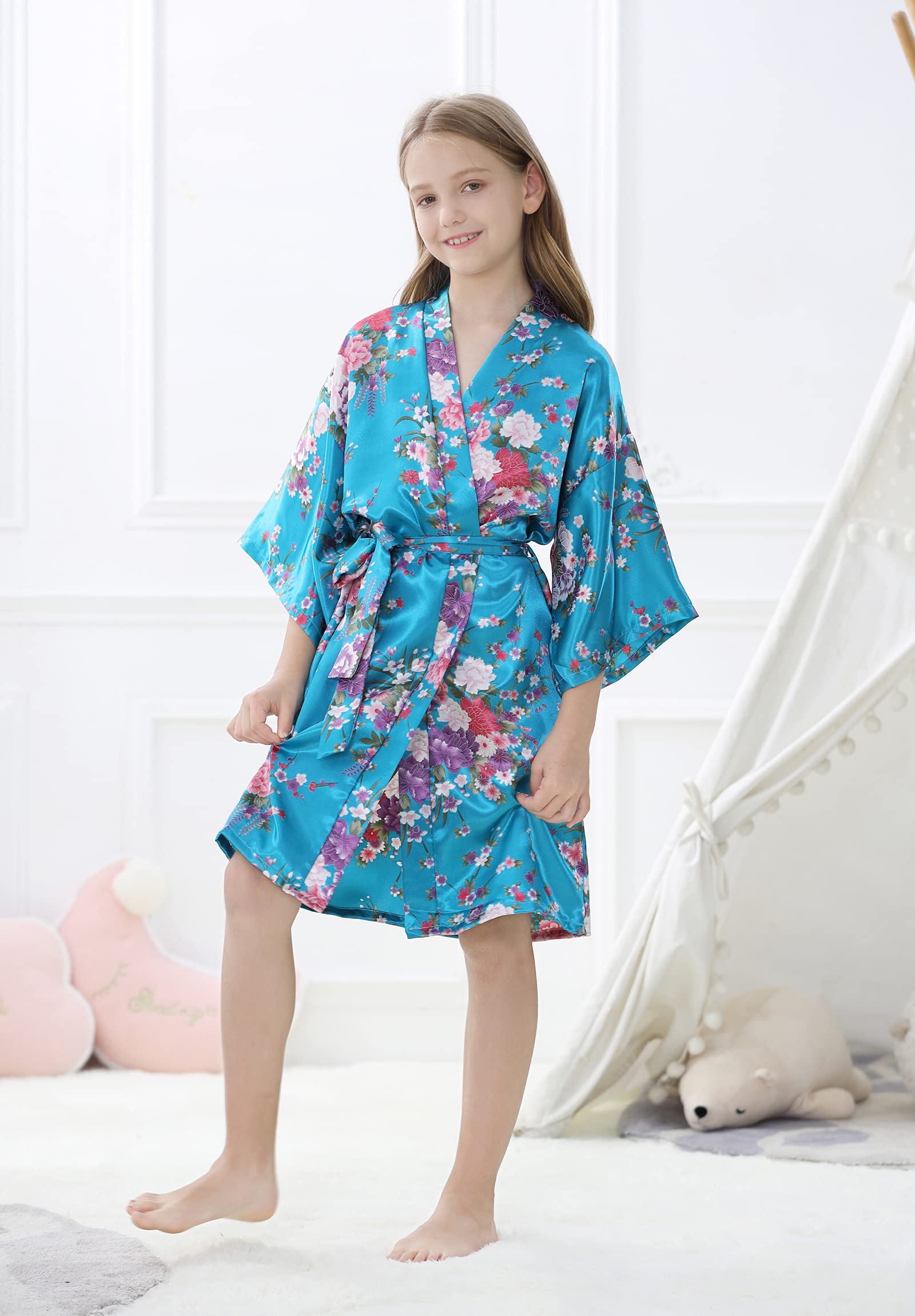 IVRRISS Kid Girls Silky Kimono Robes Party Set with Floral Patterns for Spa Brithday Wedding Short Robes (Acid blue, Tag 14)