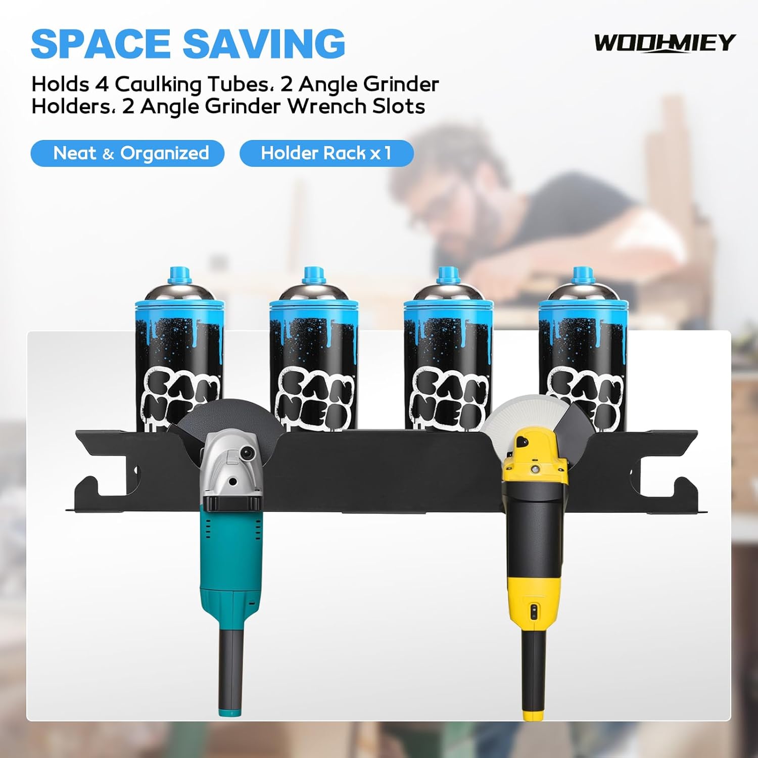 Spray Bottle Storage Rack with Angle Grinder Holder, with 4 Spray Bottle Holes 2 Grinder Slots for Garage Workshop Organization