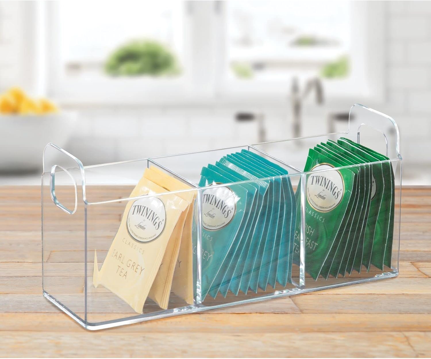 mDesign Plastic Condiment Organizer and Tea Bag Holder - 3-Compartment Kitchen Pantry/Countertop Storage Caddy - Divided Chip, Snack, Oatmeal Packet Holder - Lumiere Collection - Clear