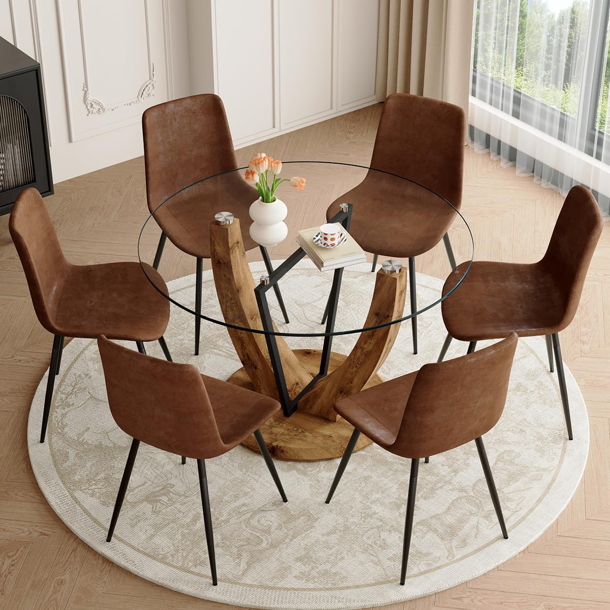 LFVFFA 48 Inch Round Dining Table Set for 6, Modern 7-Piece Glass Kitchen Table with 6 Chairs, Classic Circle Dinner Table Set with Wood Base for