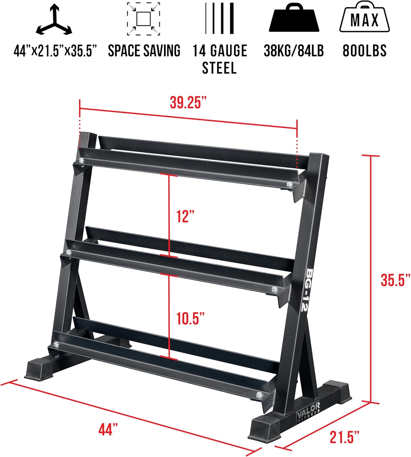 Valor Fitness 3 Tier Adjustable Dumbbell Rack - Heavy-Duty Weight Storage Shelves for Home Gym Organization and Strength Equipment