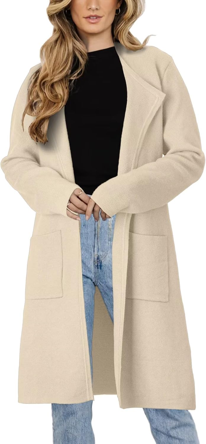 Women's Open Front Cardigan Sweater Long Sleeve Casual Knit Lapel Coatigan Coat