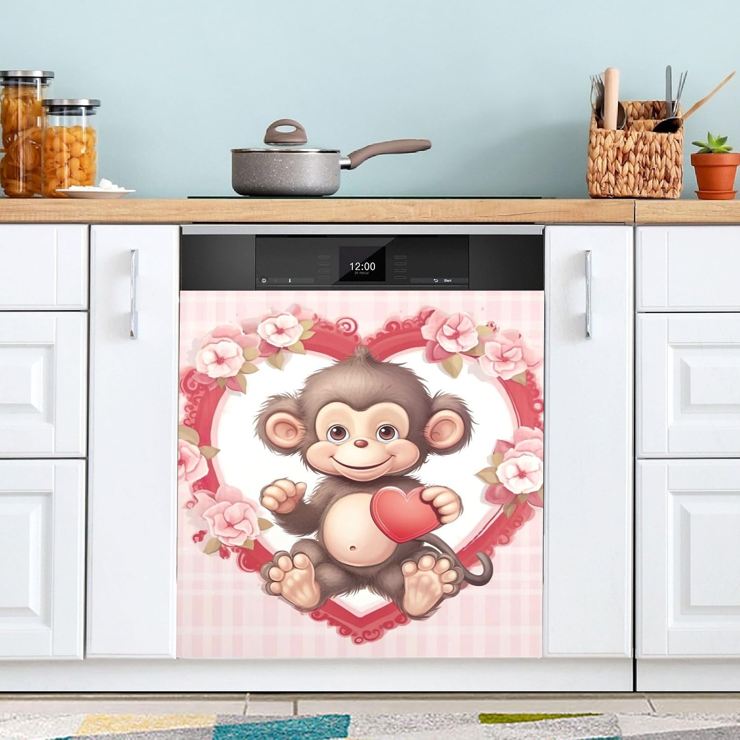 Cute Monkey Valentine Dishwasher Magnet Cover,Decorative Dishwasher Panel Decal, 23Wx26H inch 202b1049