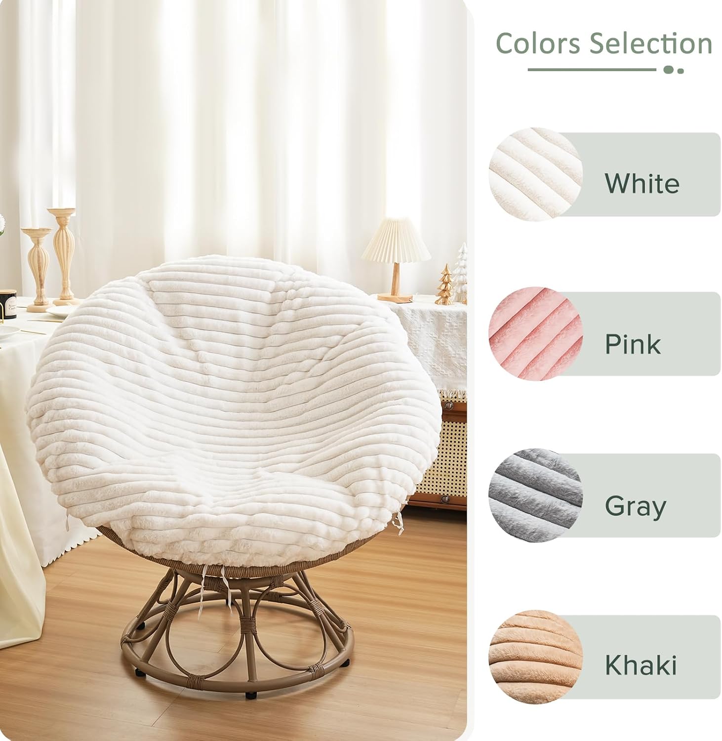 Papasan Chair Cushion Cover Only 50"x50", Removable Slipcover Without Cushion, Soft Faux Fur Cushion Covers with 8 Ties for Round Egg Chair Cushion, White