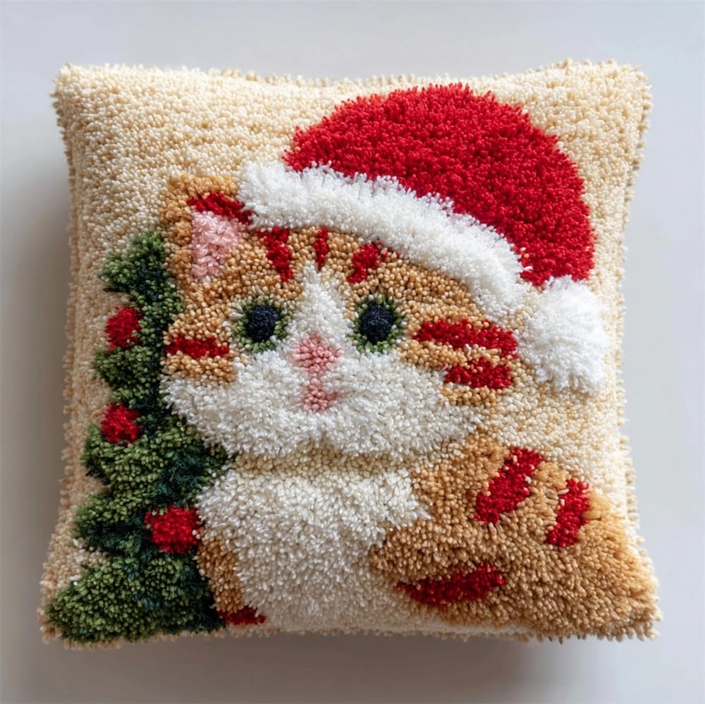 FWRTYCB Latch Hook Pillow Kit,Christmas Kitten DIY Needlework Pillow Cover