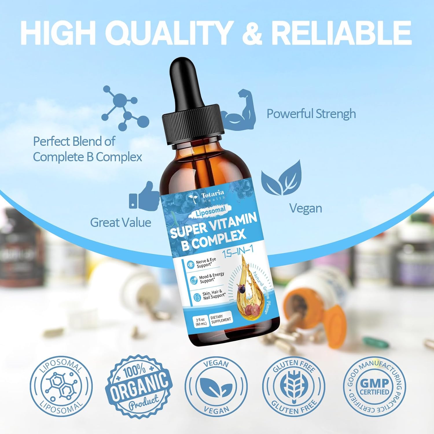 15-in-1 Liposomal Vitamin B Complex Pro, B Complex Drops with Vitamin B1, B2, B3 Niacinamide, Choline, B5, B6, B7 Biotin, Inositol, Folate, B12, Zinc, Lutein, Zeaxanthin, Taurine, Vitamin C, 2 fl oz - Image 5
