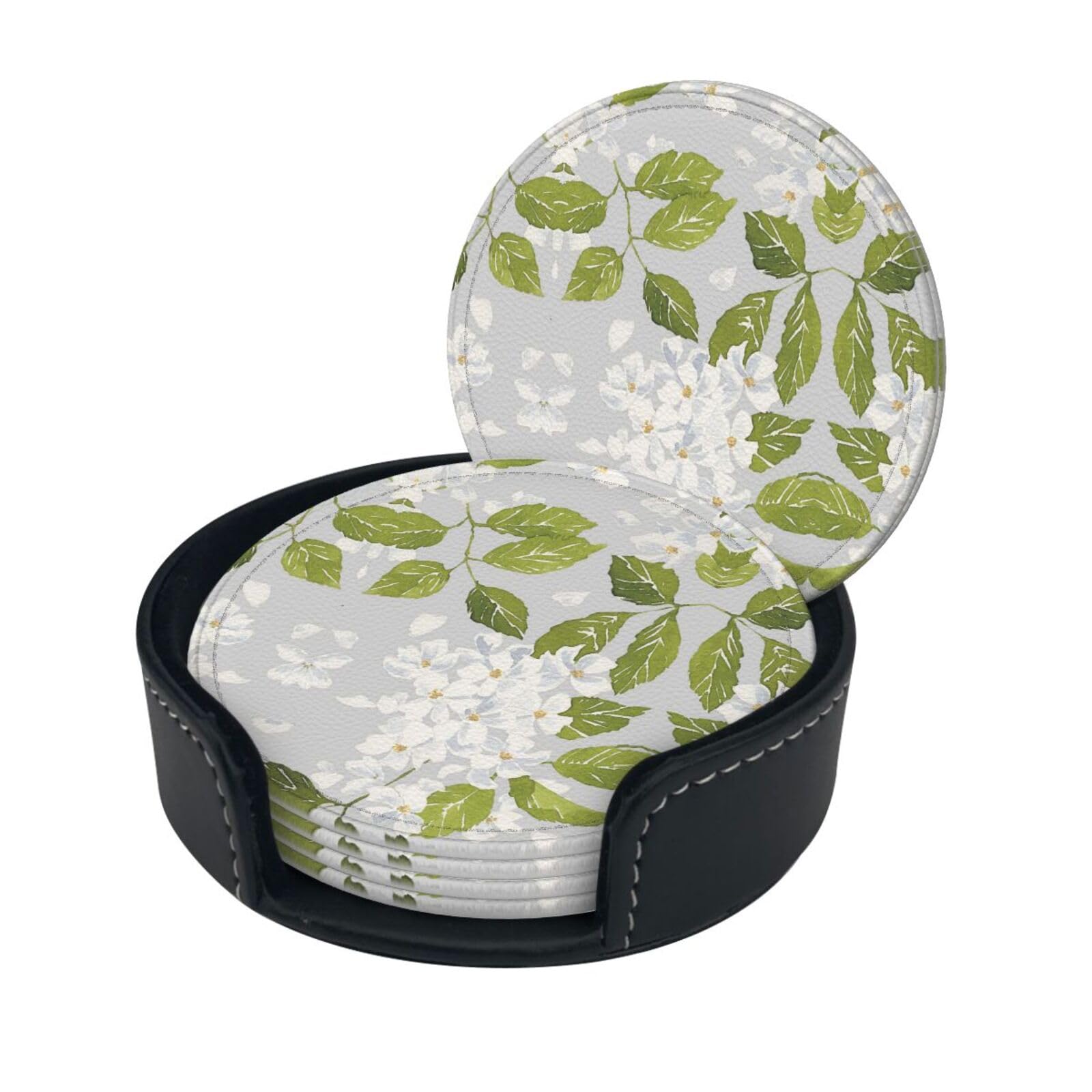 White Flower And Green Leaves Print Round Leather Coasters - Set Of 6, Ultra-Fiber Pu Leather