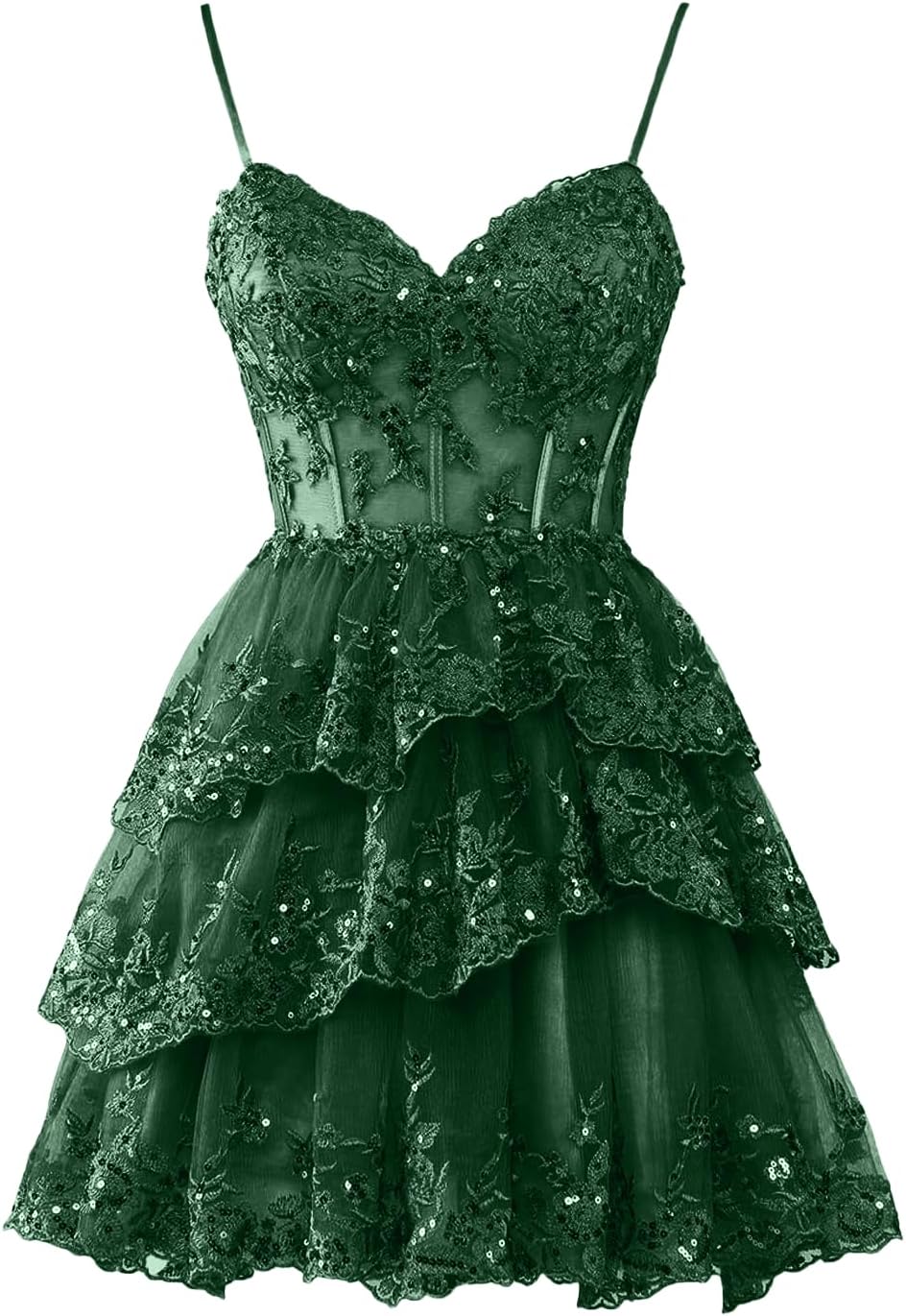 Women's Sparkly Tulle Tiered Homecoming Dresses 2025 Spaghetti Straps Corset Short Lace Cocktail Gowns
