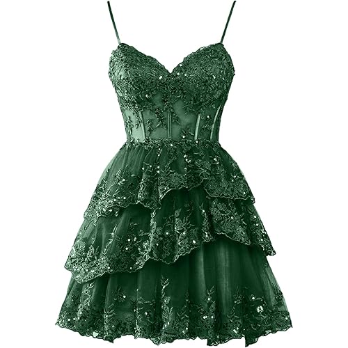 Women's Sparkly Tulle Tiered Homecoming Dresses 2024 Spaghetti Straps Corset Short Lace Cocktail Gowns