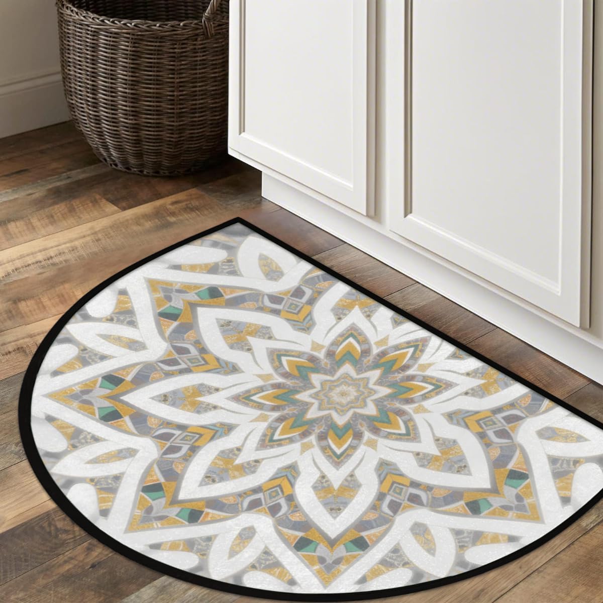Half Round Door Mat - Indoor Outdoor Gold Mandala Art Half Circle Rug for Entryway, Bathroom, Kitchen, Living Room - Washable Non-Slip Half Moon Mat for Bedroom, Hallway, Toilet, Classroom