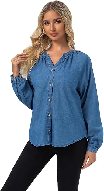 FASHIONSPARK Womens V-Neck Denim Shirt, Long Sleeve Puff Sleeve Top, Casual Blouse for Work, Travel, and Daily Wear