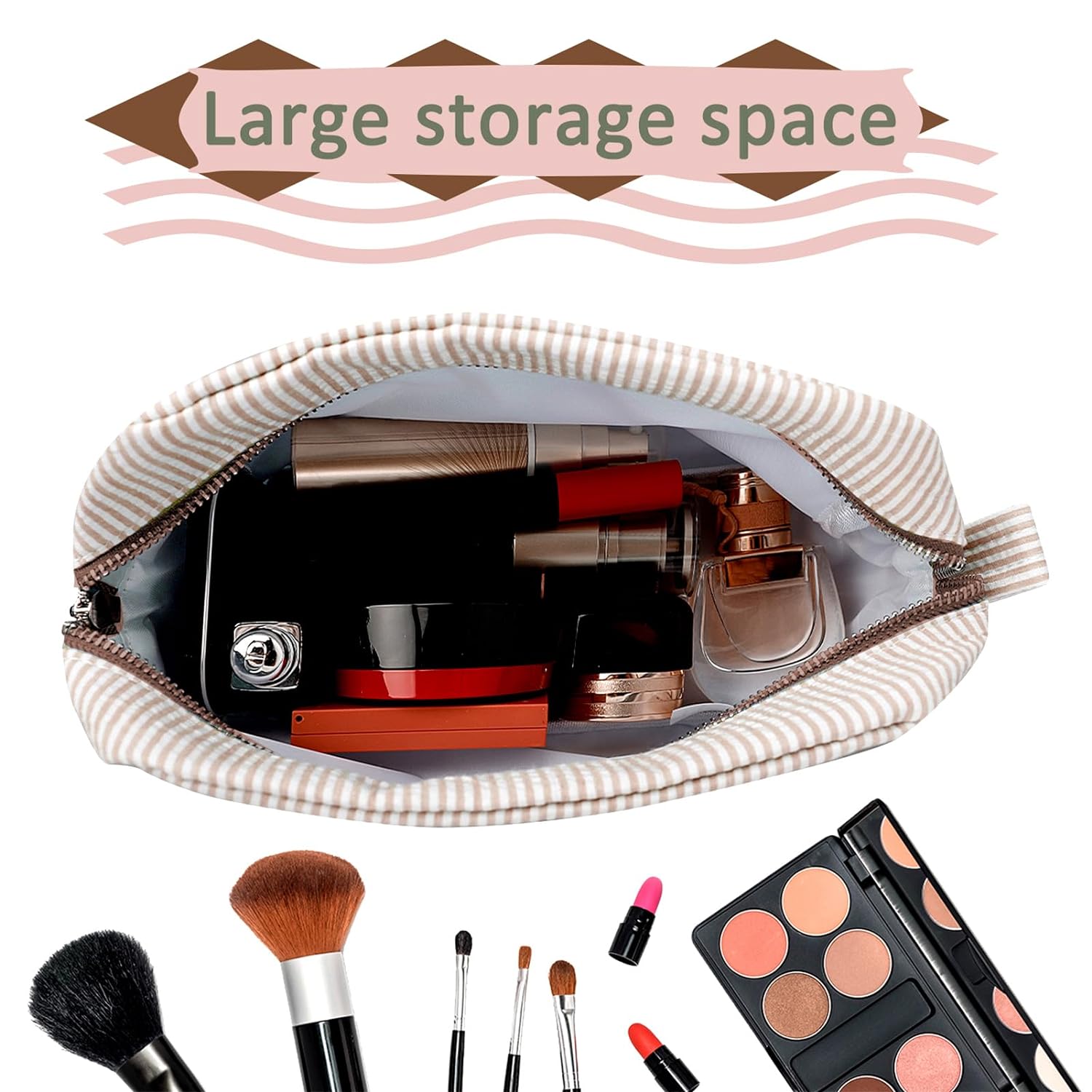 GFU Cosmetic Bags for Women, Seersucker Cosmetic Bag, Travel Toiletry Stripe Makeup Bag, Large Women Aesthetic Organizer Storage Pouch, Girls Handbags Purses, brown/white