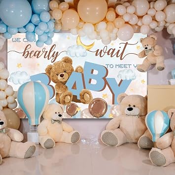 We Can Bearly Wait Backdrop Bear Theme Baby Shower Gender Revel Decorations for Boys Welcome Baby Boy Newborn Baby Party Supplies Photography Background - Blue Balloon
