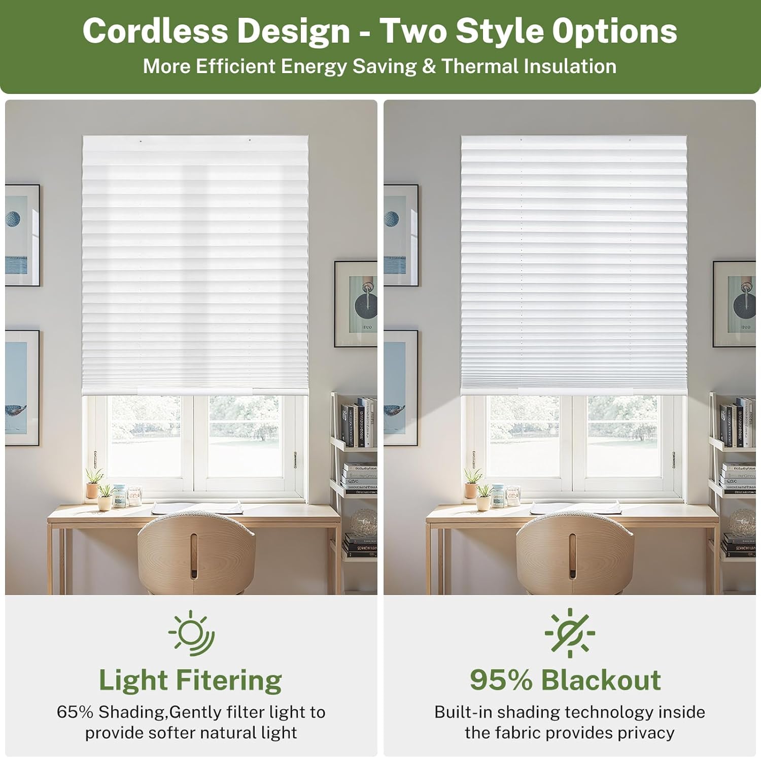 MiLin Cordless Pleated Window Shades No Drill Adjustable Bottom, Temporary Fabric Pleated Blinds for Indoor Windows with Tools Cut Size Stick On Blinds Home (Light Filtering White, 30"W x 63"H),2 Pack
