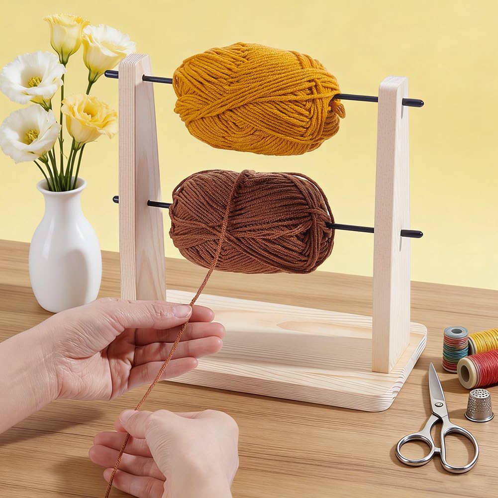PH PandaHall Wooden Yarn Holder for Crocheting, Portable Ribbon Thread Spool Rack Double Rotating Yarn Ball Holder Storage Organizer for Crocheting and Knitting Supplies Gift, 9x5x9 inch image 3