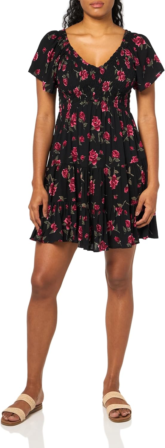 Angie Women's Short Sleeve Floral Smocked Bodice Dress