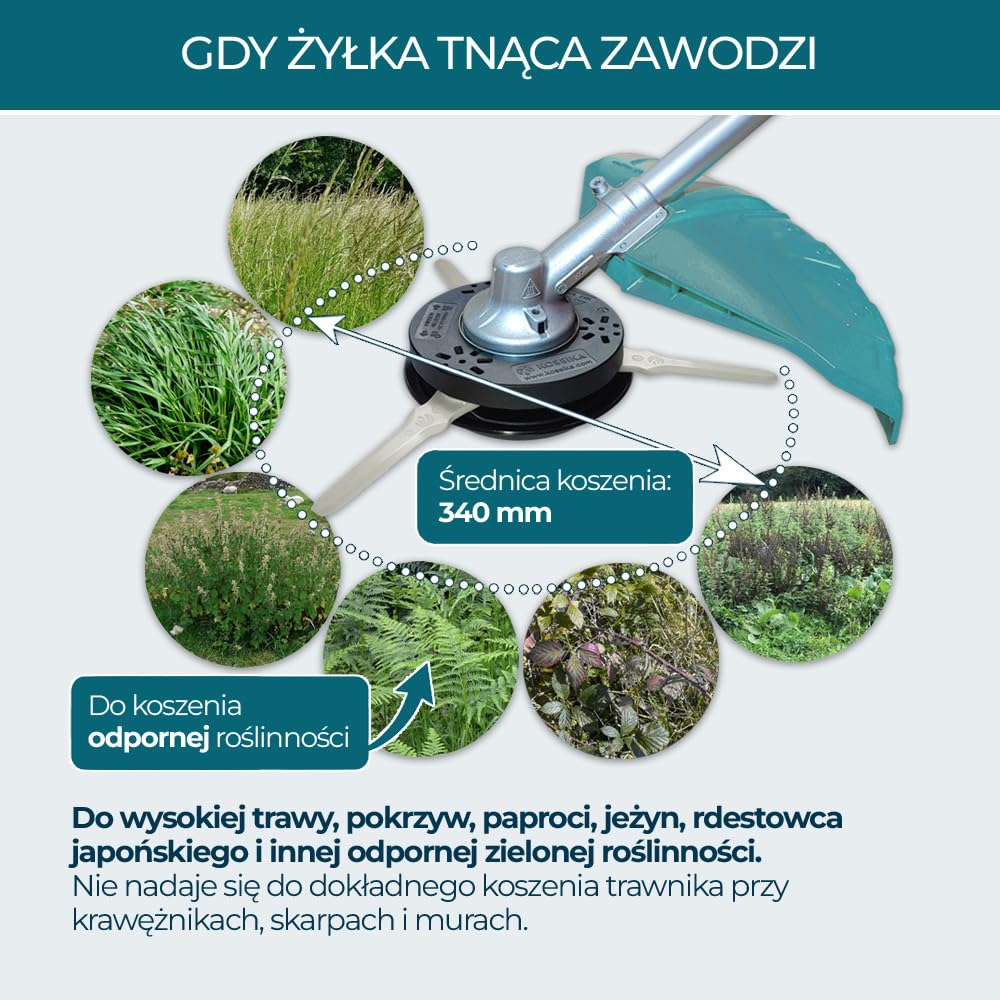 Innowacyjna głowica tnąca KOSSIKA z talerzem ślizgowym do szybszego koszenia z mniejszym wysiłkiem – do wysokiej trawy, pokrzyw i jeżyn oraz stabilniejszego koszenia na zboczu