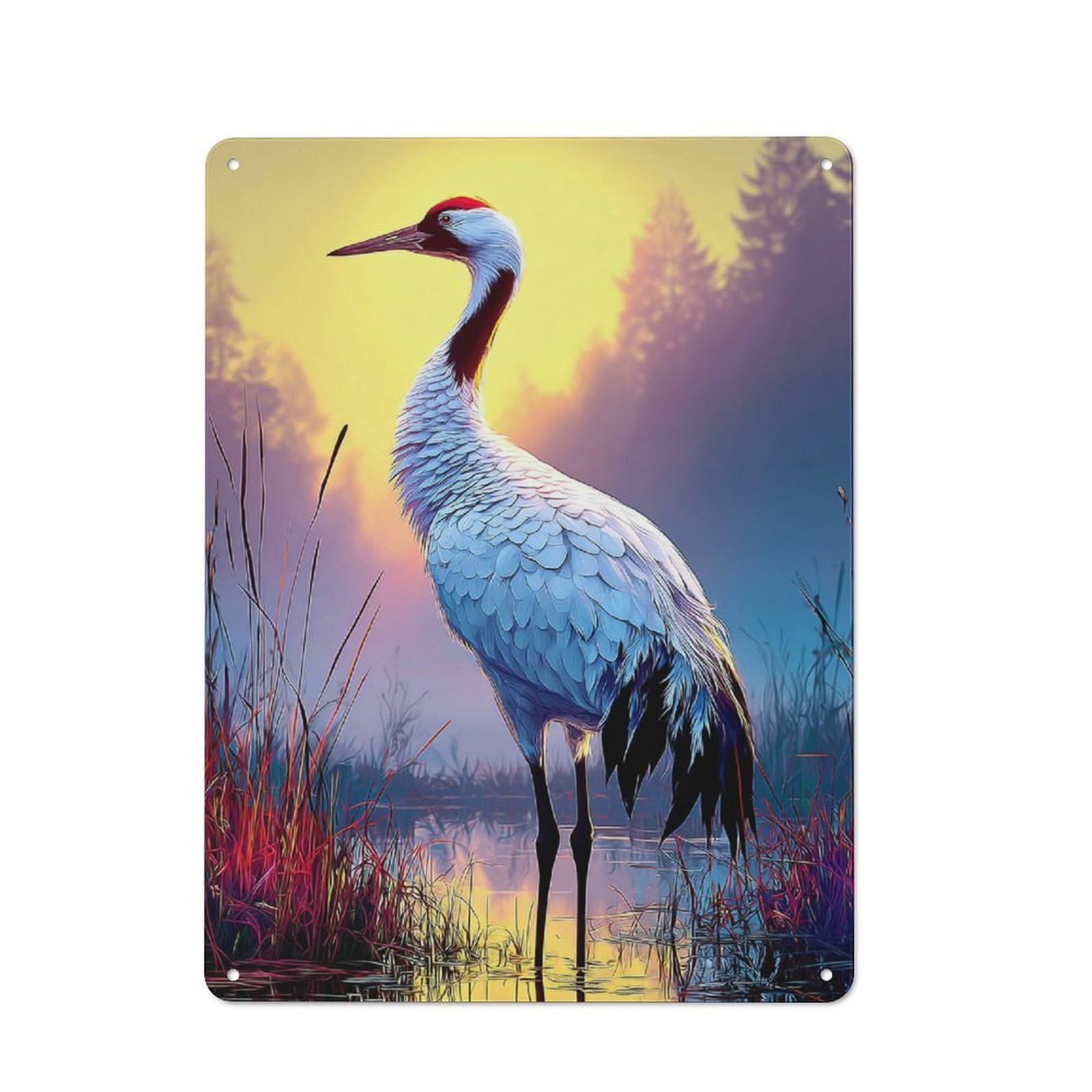 Junmoney Blue Crane In Sunset Reflection Rustic Metal Wall Sign 40X30cm For Kitchen Or Home Bar, For Garage, Workshop And Man Cave Decoration
