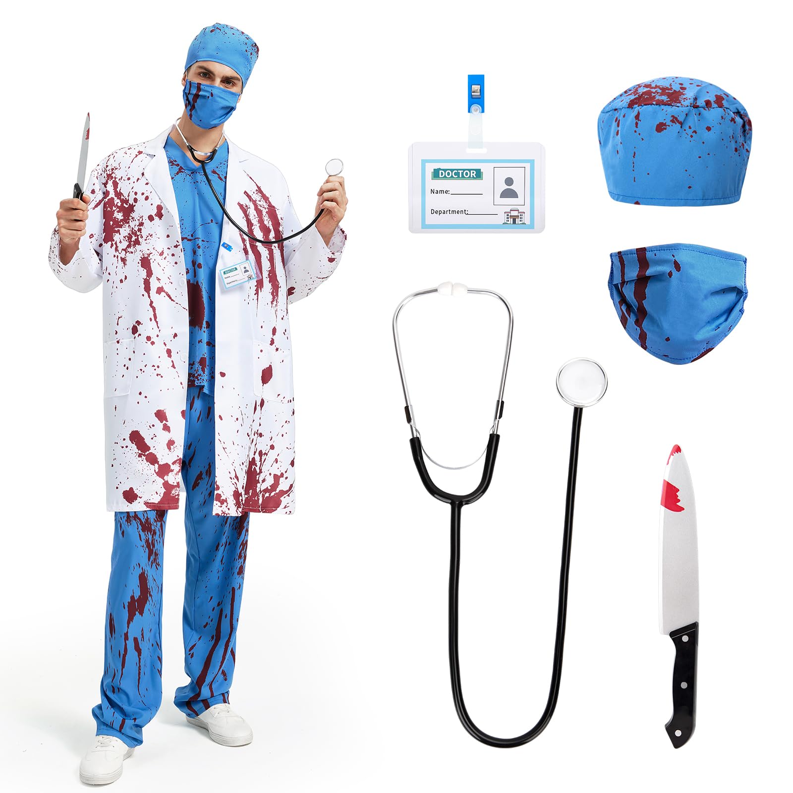 YOOHBERRYS Deguisement Medecin Zombie Homme, Costume Docteur Halloween Horreur, Deguisement Chirurgien Terrifiant Adulte-Blouse, Haut, Pantalon, Chapeau, Masque, Stéthoscope, Faux Couteau, Carte