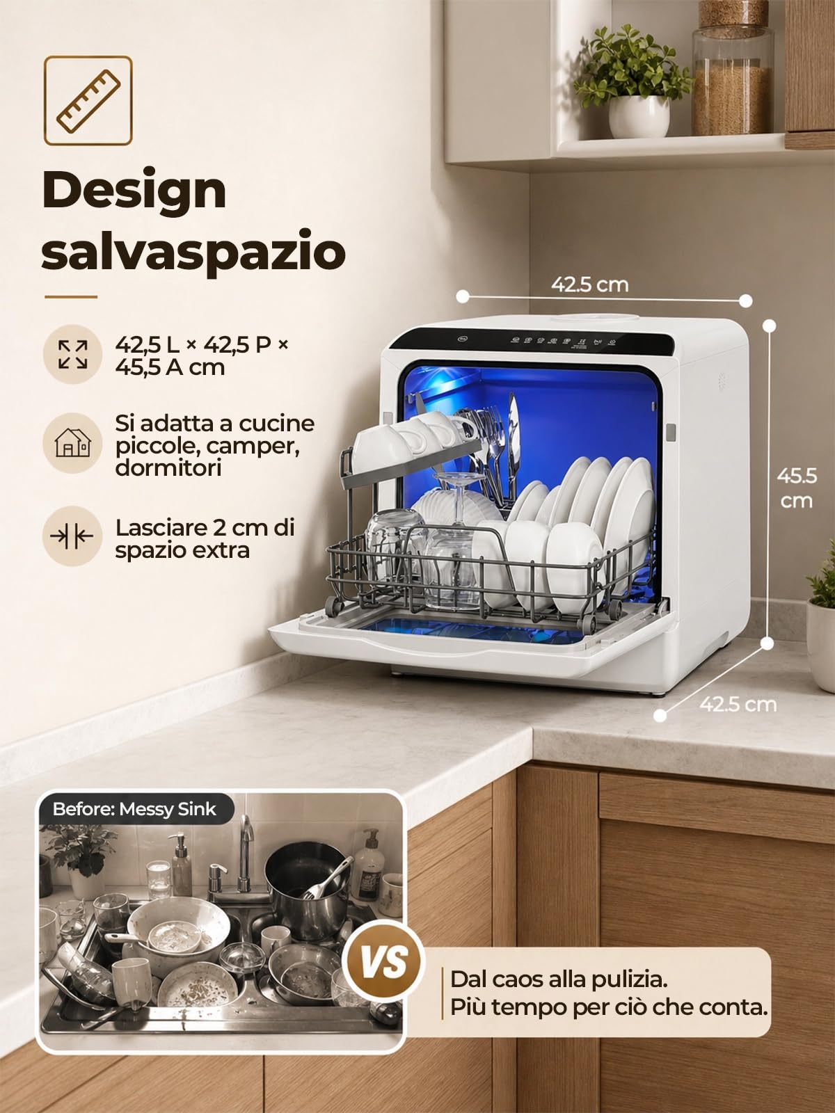 FOHERE Mini Lavastoviglie Con Serbatoio Da 5 Litri, Funzione Timer, Collegamento Dell’Acqua 2 In 1, 6 Programmi, Display LED，Lavastoviglie Da Tavolo E Mini Pulitore Per Ufficio, Monolocale E Camper