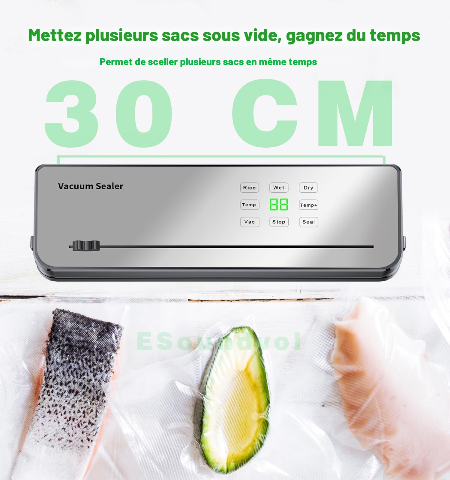 Machine Sous Vide Alimentaire ESoundvol 8 en 1 Avec Contrôle de la Température, Coupe-Aliments Intégré et Affichage LED Visible Pour la Conservation des Aliments Secs et Humides Avec 10 Sacs Sous Vide
