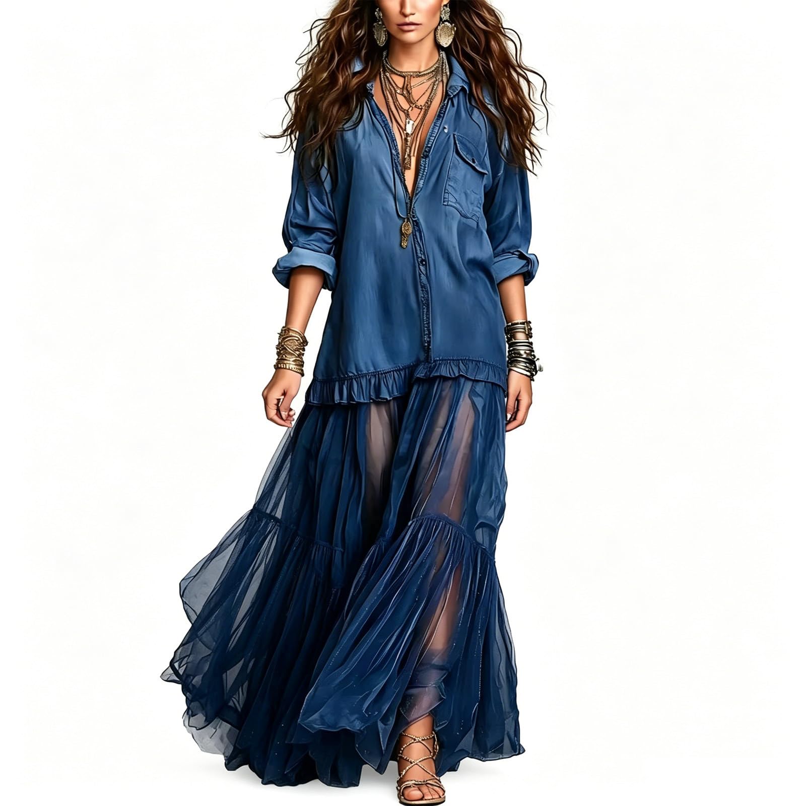 Vestido vaquero para mujer, vestido largo de camisa de verano, manga larga, vestido vaquero con volantes, ropa para niña, informal, vestido informal, vestido de tirantes monocromáticos