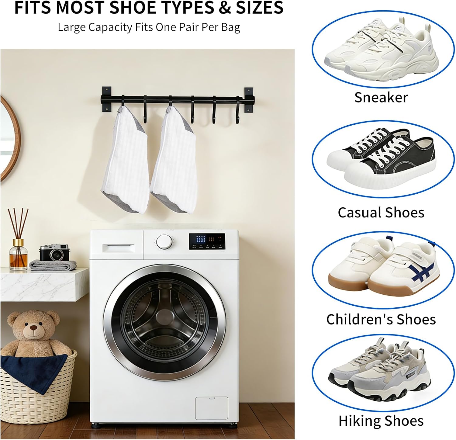 Shoe Washing Machine Bag 2 Pack，Travel shoe bag 2 Pack - Fits All Shoe Types，Reusable，360°Deep Cleaning with Self-Locking Zipper, Wash Two Pairs at Once, Protects Shoes and Washing Machines（White）