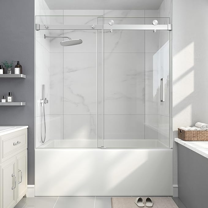 55-60" W x 60" H Frameless Bathtub Shower Door Brushed