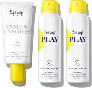 Unseen Sunscreen (1.7 oz) + Two (2) PLAY Antioxidant Body Mist SPF 50 (3 oz) - 3 Items Total - Broad Spectrum Body & Face Sunscreen Recommended for Sensitive Skin