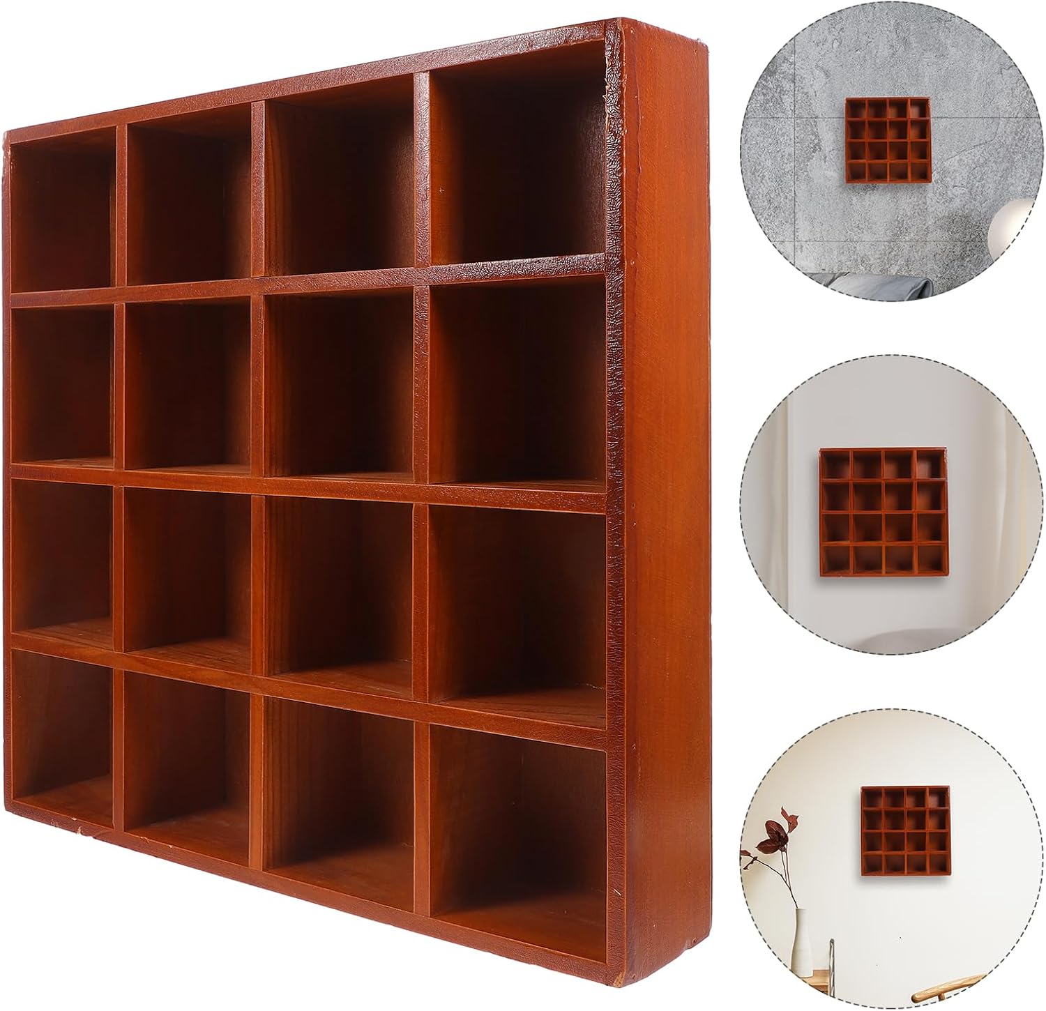 DOITOOL Wooden Cubby Display Shelf 16-Compartment Wall Mounted Storage Box for Home Decor Collectibles Cosmetics 15.74X15.74X2.95 Inch