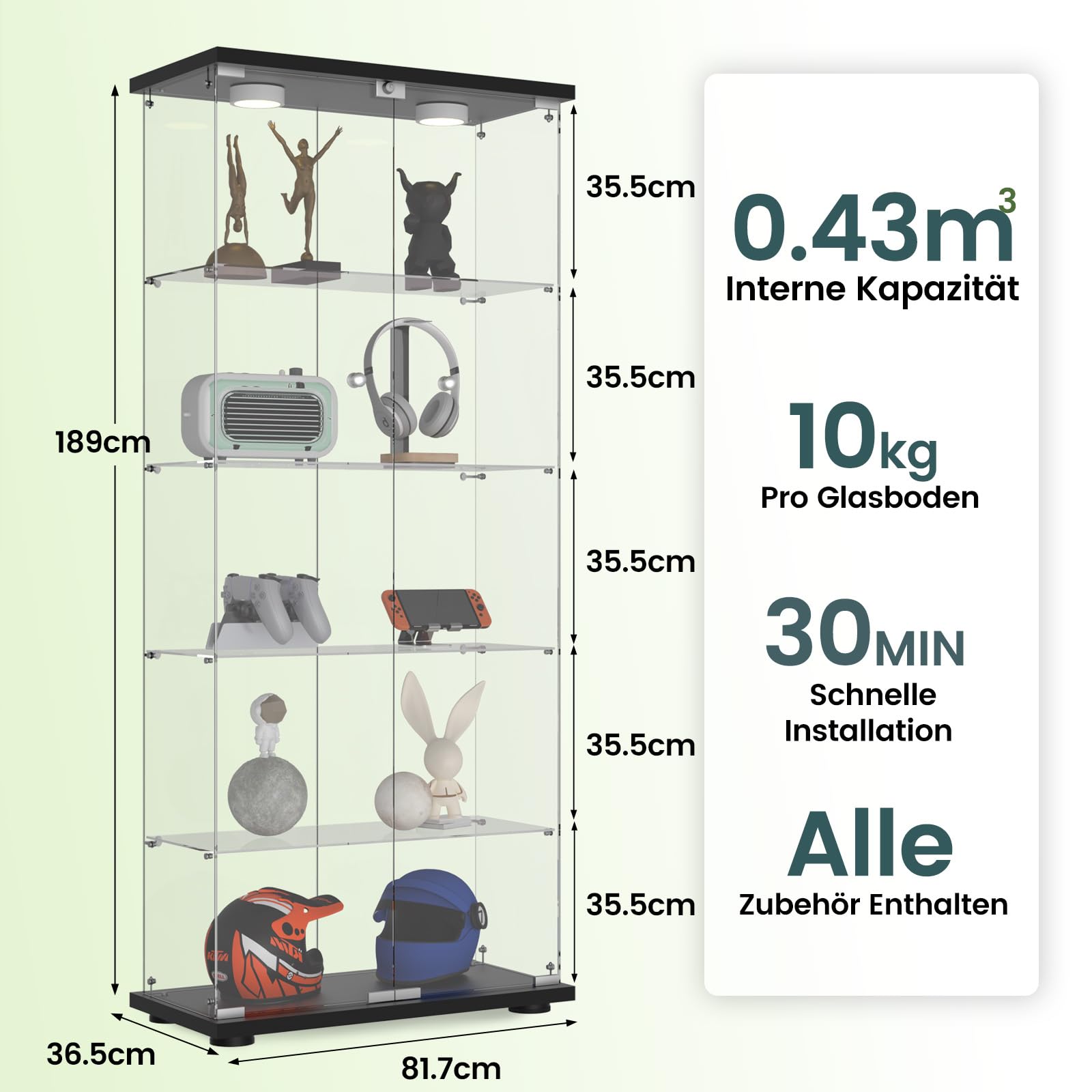 Aplancee Glasvitrine mit LED, 5 Ebenen und 2 Türen, 188x36x80 cm, Schwarz