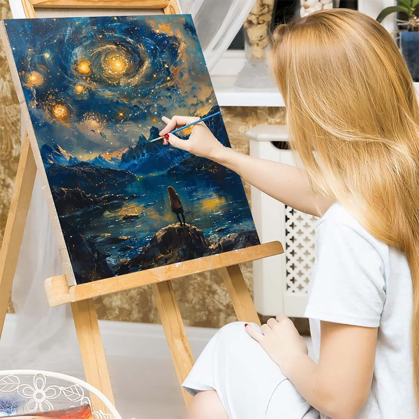Gwiaździste niebo do malowania po numerach, dla dorosłych, rzeka, DIY, dla dorosłych, rękodzieło, akrylowy pigment, zestaw do rysowania ze pędzlami, hobby dla kobiet, dekoracja ścienna do domu
