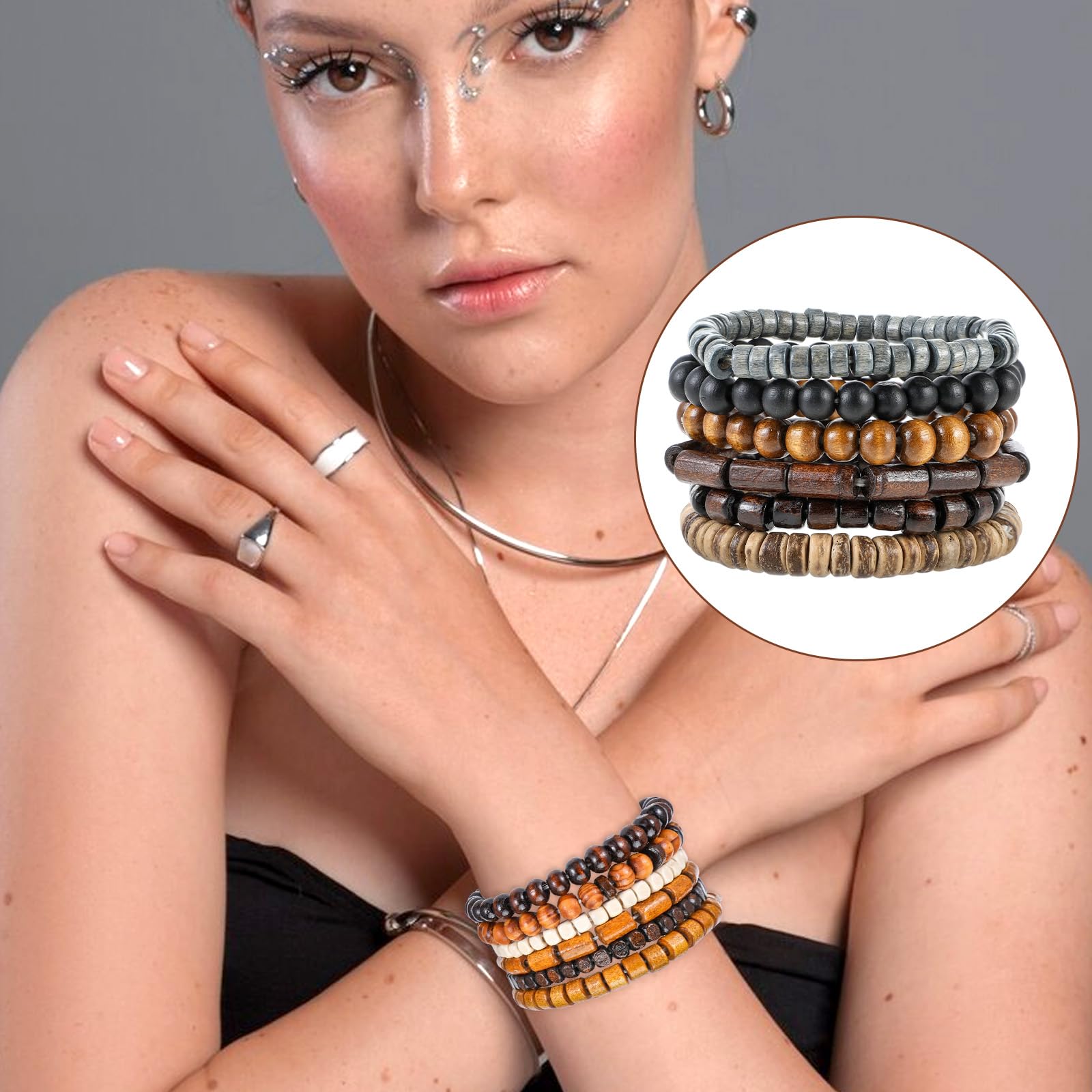 Pulseras de cuentas de madera para hombre, elasticidad ajustable, pulsera de cuentas desmontables de múltiples capas para hombres, Talla única, Madera, No es una piedra preciosa 4