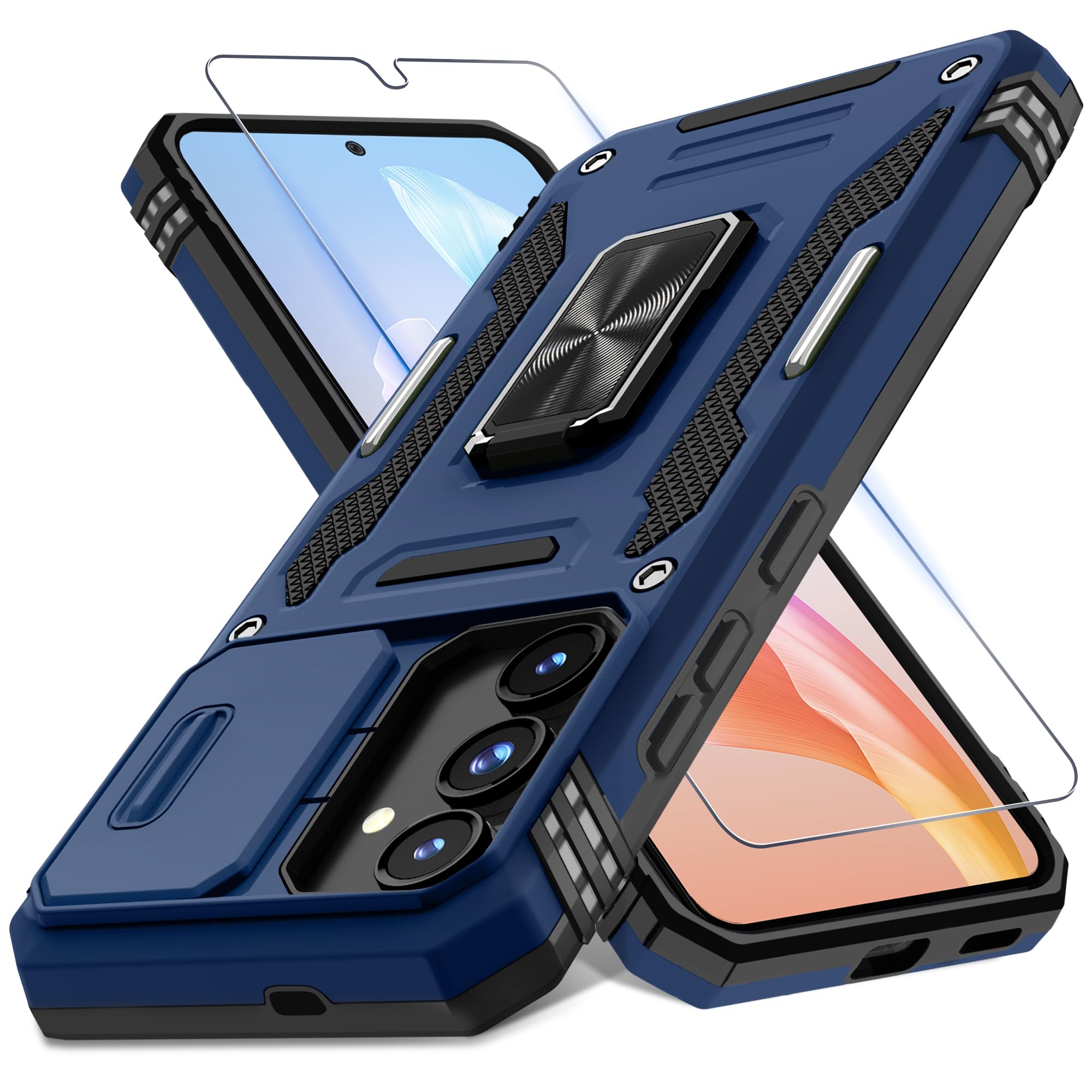 DEERLAMN Case for Samsung Galaxy S25 6.2-Inch with Slide Camera Cover+Screen Protector (1 Pack), Rotated Ring Kickstand Military Grade Shockproof Protective Cover-Navy Blue