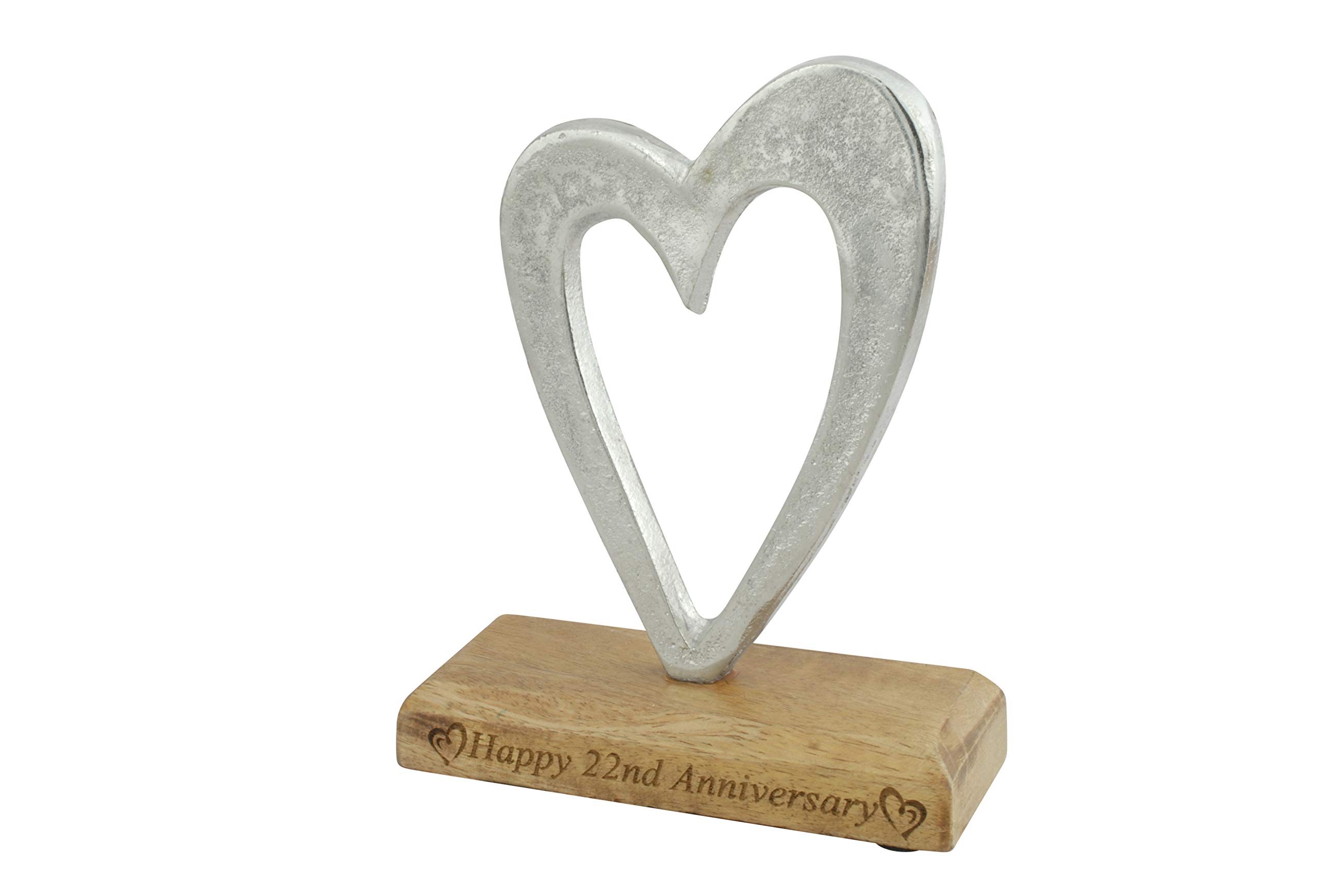 Cœur en métal rustique 22ème anniversaire sur socle en aluminium et bois