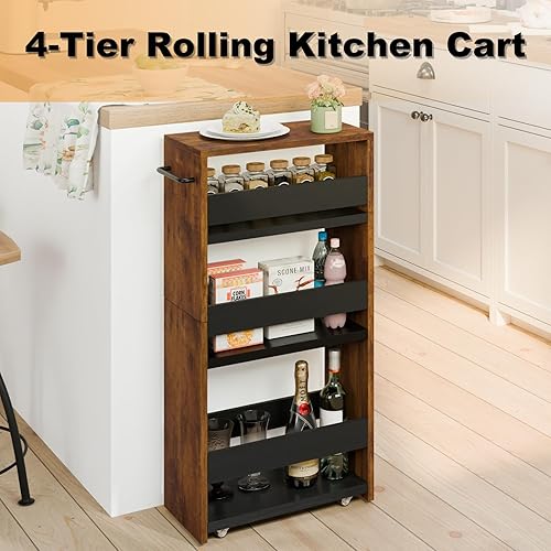 Miniatura 7 de MARTY Carrito utilitario delgado de 4 niveles con mango de ruedas, carrito de almacenamiento de cocina, organizador de estantería móvil deslizante