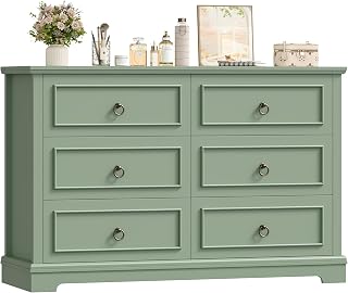 Chest of 6 Drawers, 120 cm Drawer Cabinet, Green | Wooden Grain Kitchen Cabinet for Bedroom, Living Room, 120 x 84 x 40 cm