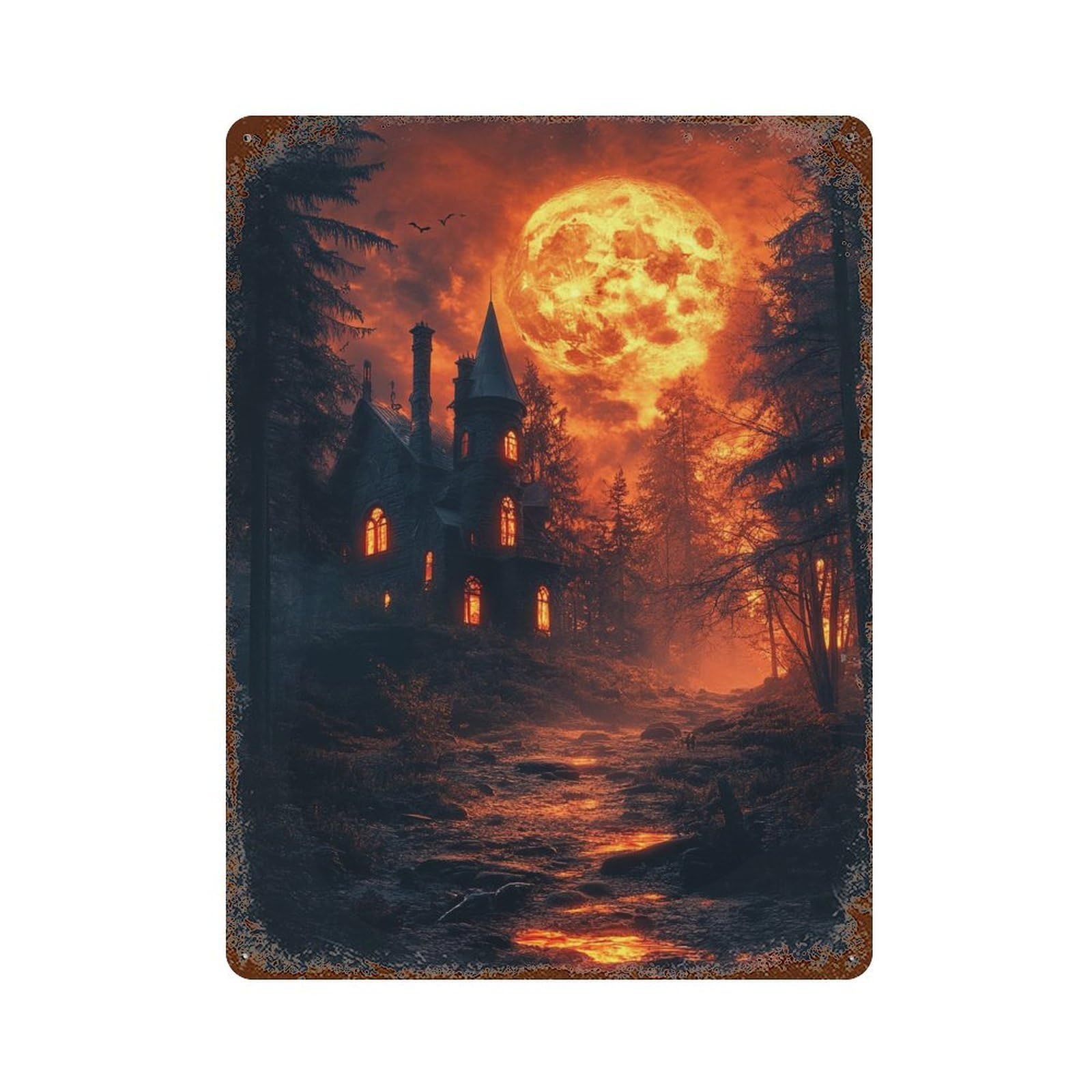 Haunting Full Moon Night Scene 15.7"x11.8" Distressed Metal Wall Sign, Shabby Chic Decor for Shed, Workshop And Garage Wall Decor
