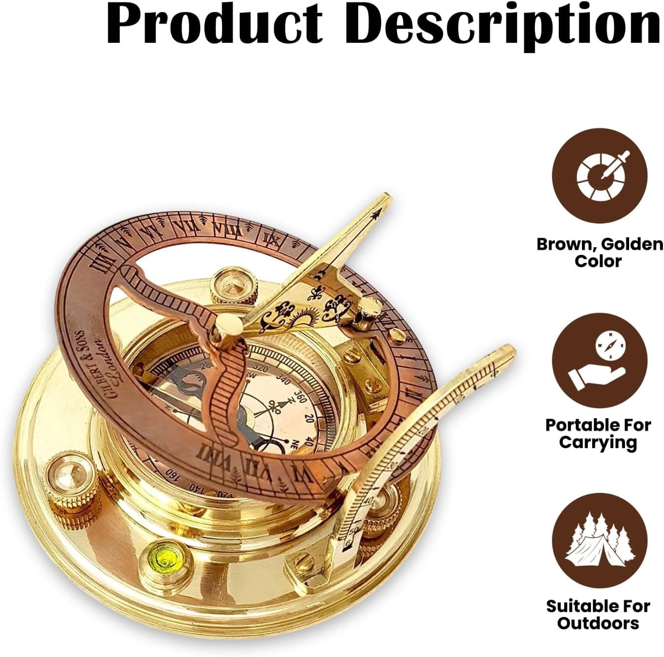 Antique Brass and Copper Sundial Compass Pocket Sun Dial Clock with Leather Case for Outdoor Navigation Nautical and Ship Decor Vintage Gifts (3.54x3.54x1.38 Inches)