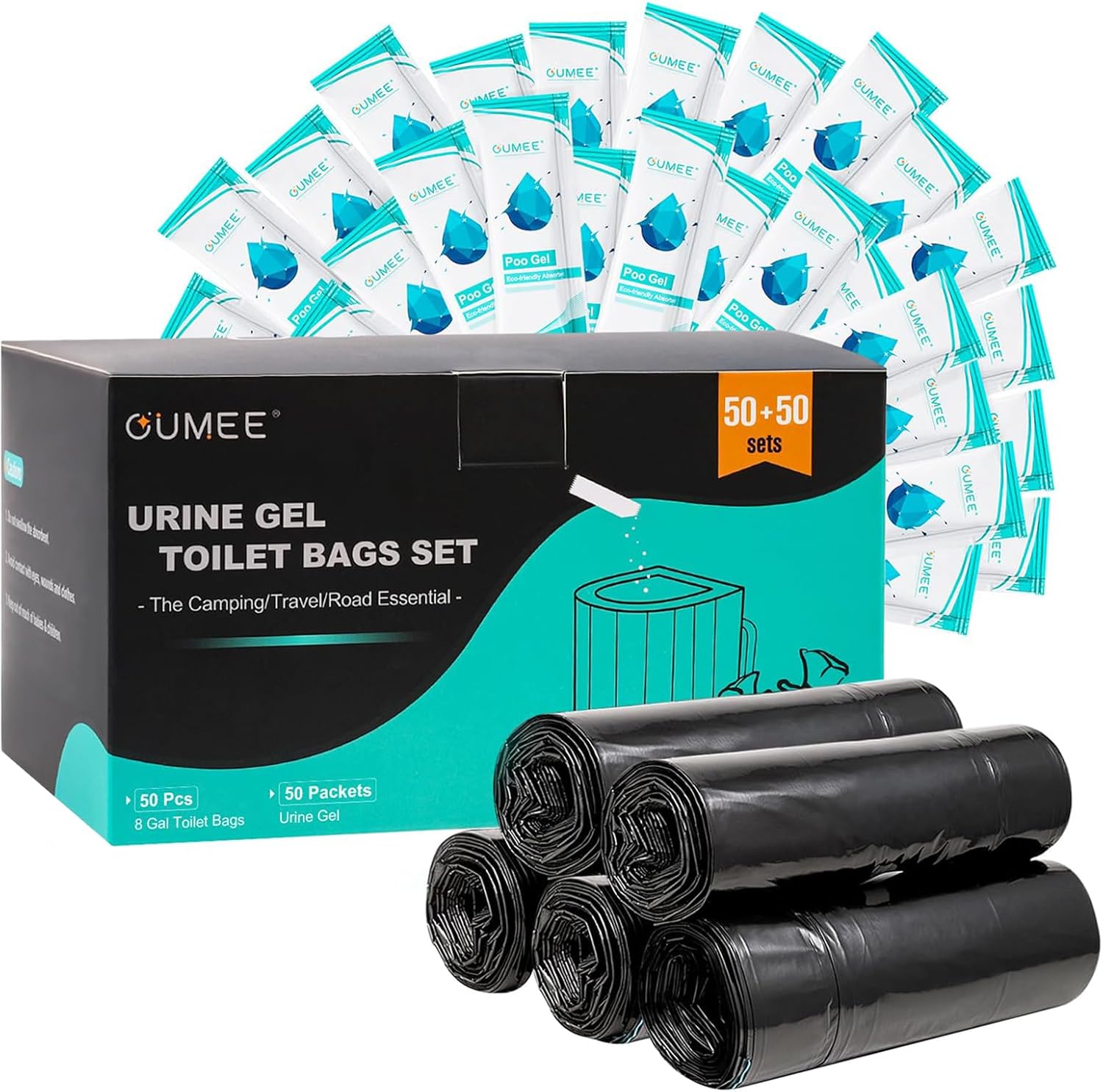 60 Portable Toilet Bags with Poo Gel Set, 8 Gallon Camping Toilet Bags with Absorbent Gels, Waste Bags, Leak-Proof Trash Bag for Camping Potty, Traveling