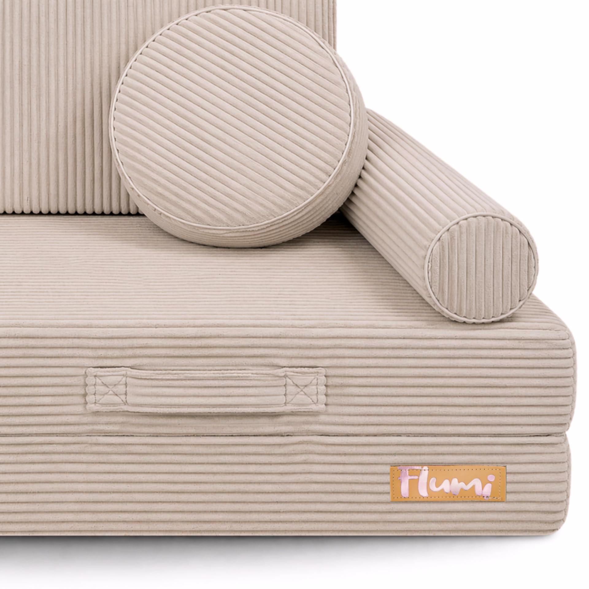 Flumi Modulares Kindersofa 10-teilig – Kindercouch für Kinderzimmer mit waschbarem Bezug, personalisierbar mit Namen (Cord Beige)