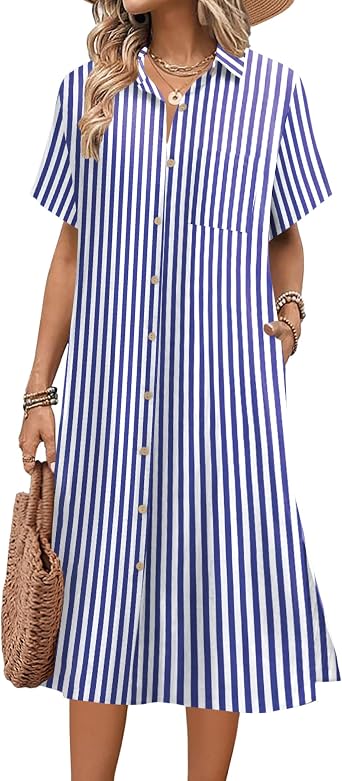 HOTOUCH Womens Dress Summer Casual Midi Short Sleeve Button Down Shirt Dresses Loose Beach Cover Up with Pockets