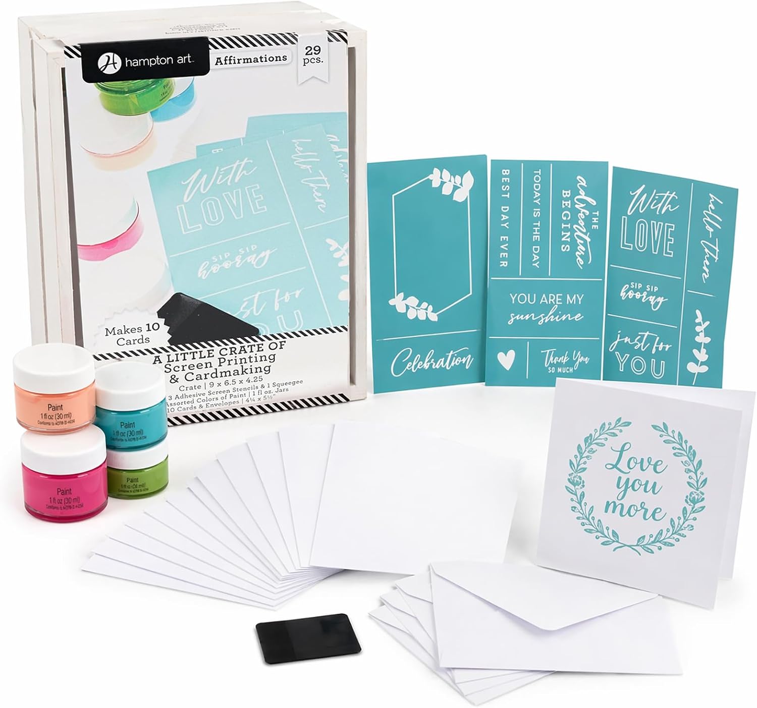 Hampton Art Little Crate Screen Printing Affirmations Card Making Kit 29 Piece, DIY Positive Affirmation Cards with Stencils and Paint, Makes 10 Cards, Today is The Day You are My Sunshine