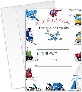 Transports Themed Birthday Party Invitations for Boys, Girls, Kids - 20 Invitation Cards 4"x6" with 20 Envelopes - Airplane Helicoptor Train Boat Bus Motorcycle Tractor Theme Birthday.(163)
