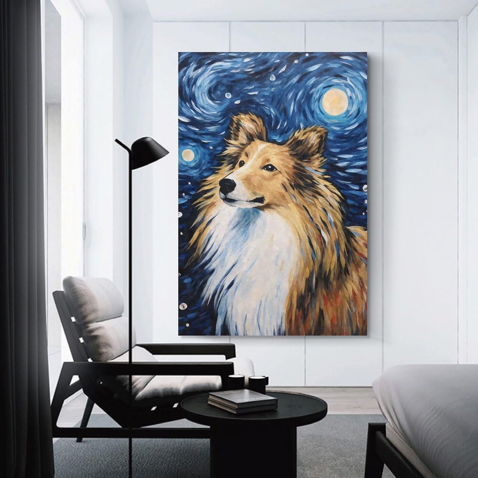 Junmoney Unframe-Style-7 Shetland Sheepdog Night Canvas Wall Art, 20X30inch(50X75cm), For Living Room, Bedroom Or Apartment Walls, Decorative Artwork For Empty Walls